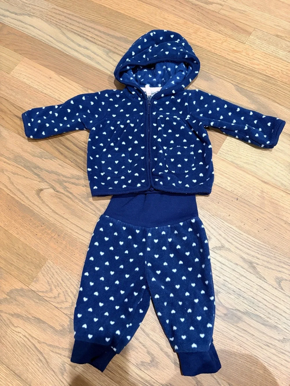 Carter’s baby girl fleece navy zip up hoodie and pants outfit with white hearts